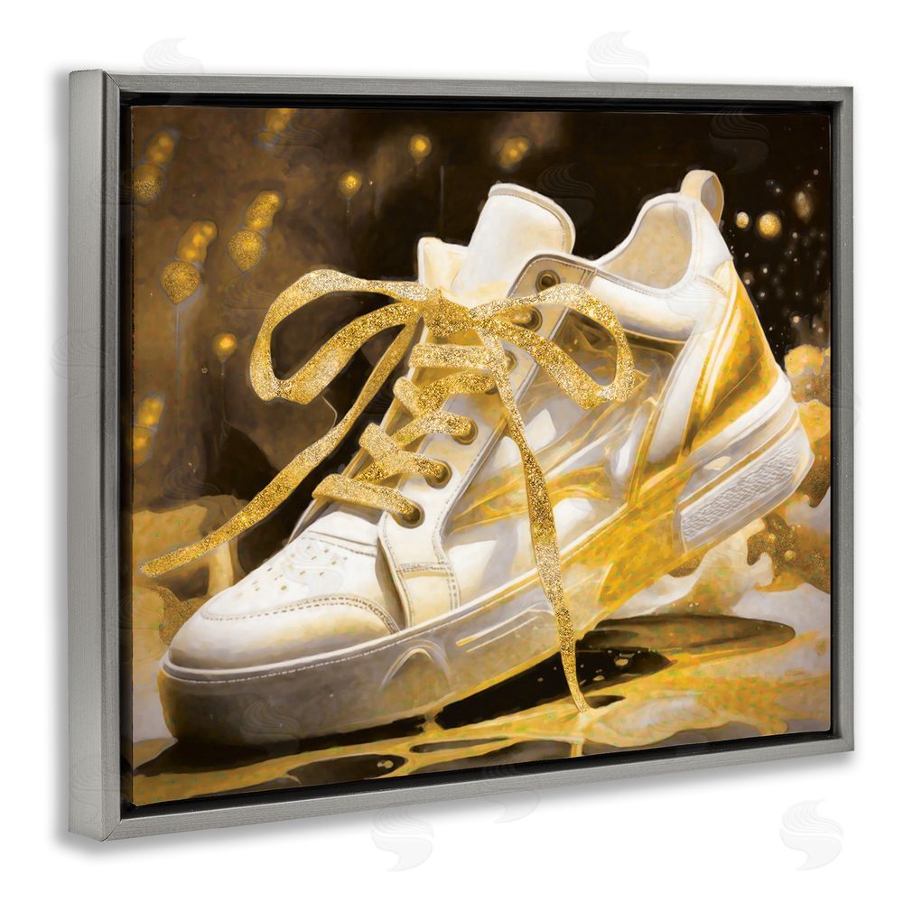 Grotto Studios Splashy Gold Sneaker Gray Floating Frame Canvas Wall Art Print