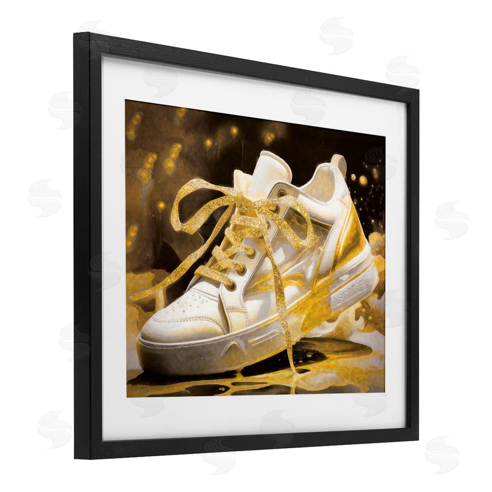 Grotto Studios Splashy Gold Sneaker Black Framed Print Under Glass Wall Art