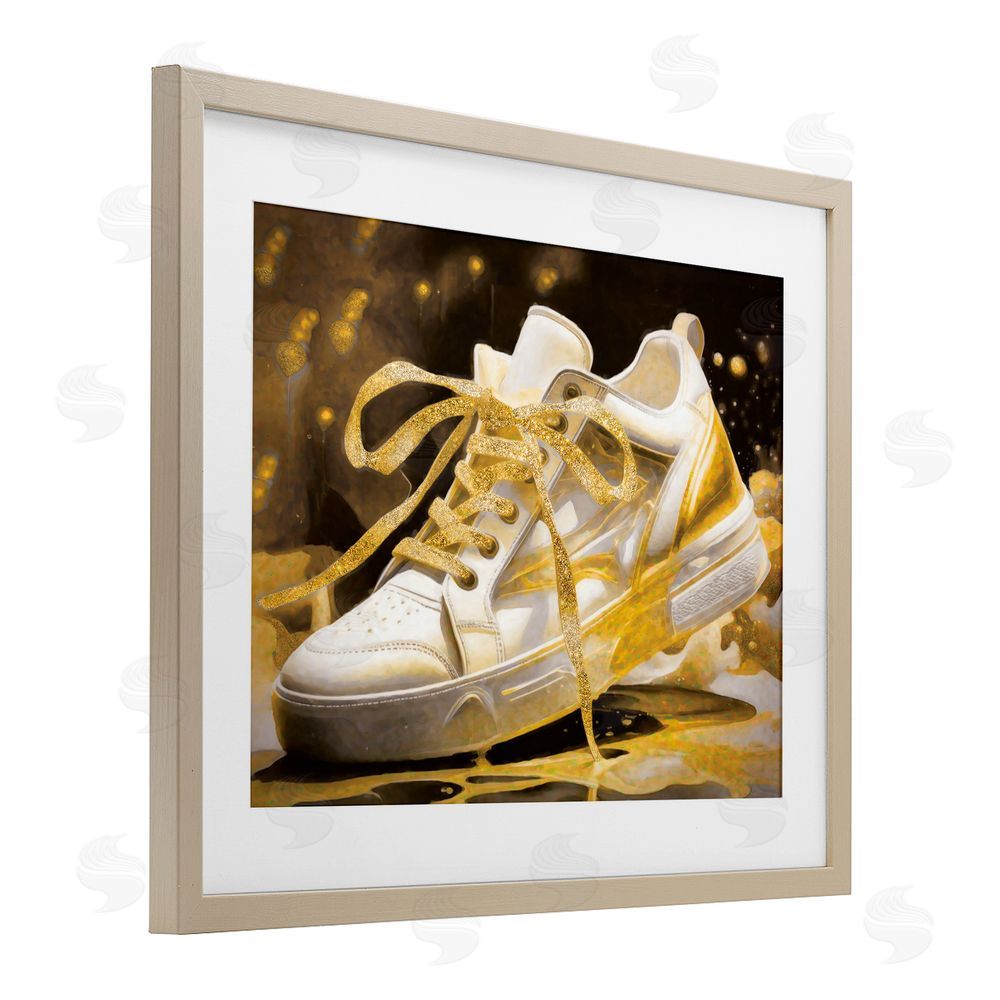 Grotto Studios Splashy Gold Sneaker Birch Framed Print Under Glass Wall Art