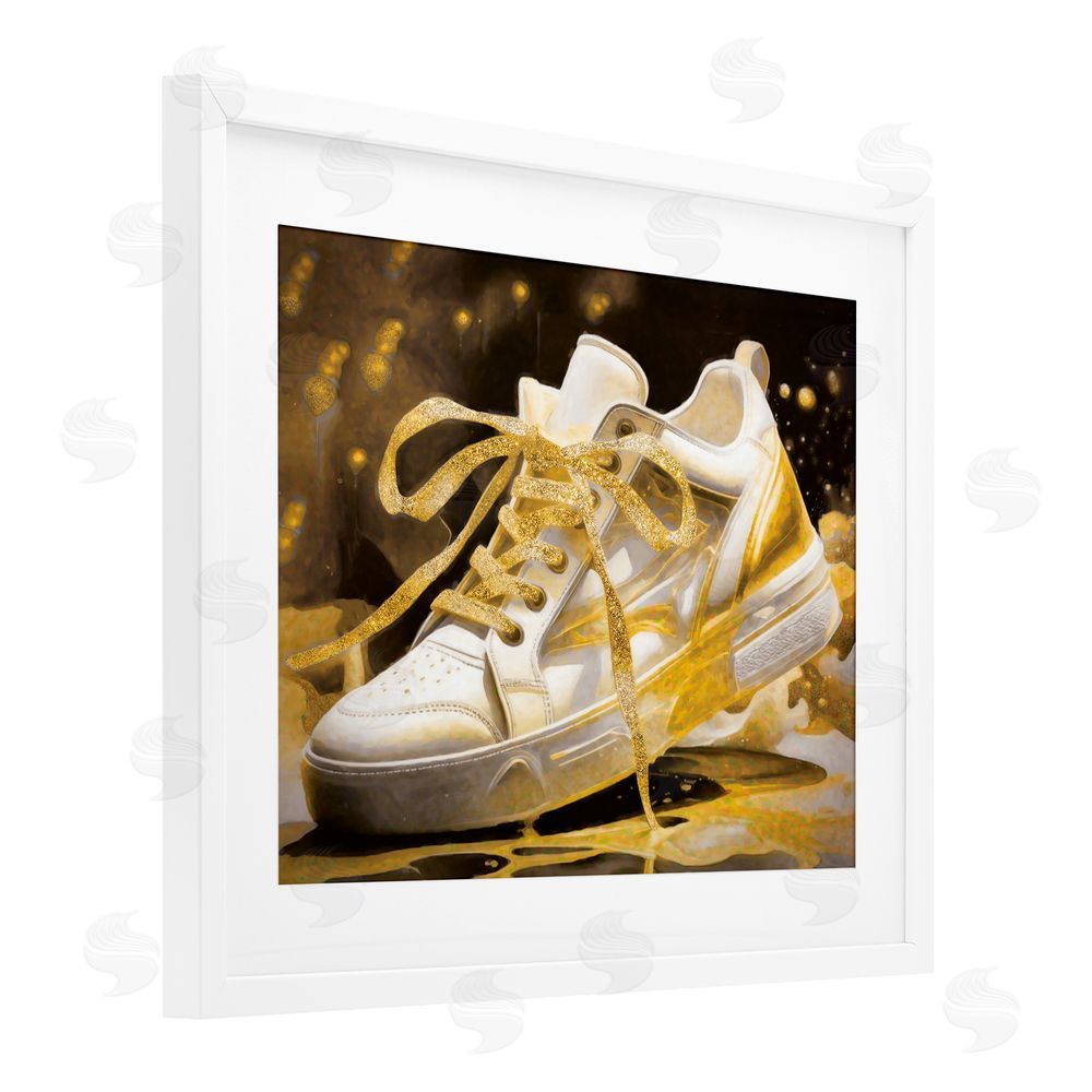Grotto Studios Splashy Gold Sneaker White Framed Print Under Glass Wall Art