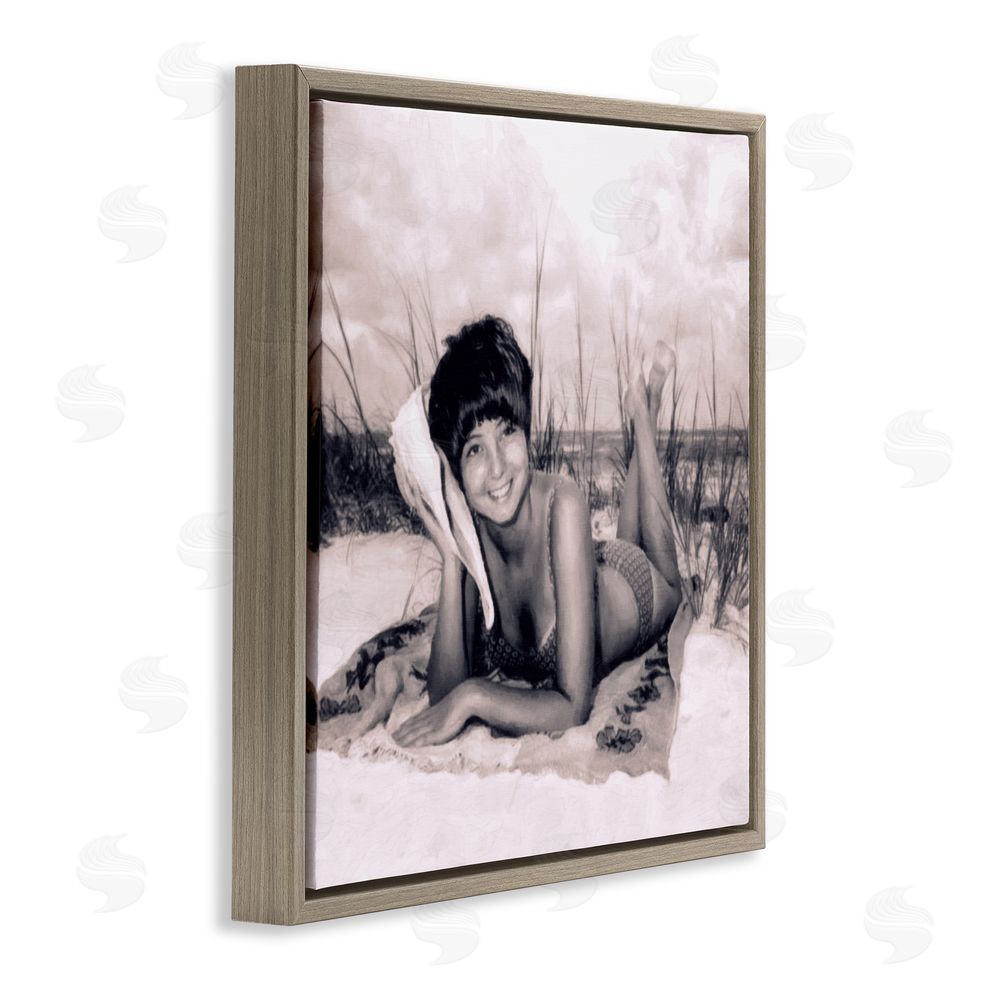 Grotto Studios Vintage Summer Girl with Conch Brown Floating Frame Canvas Wall Art Print