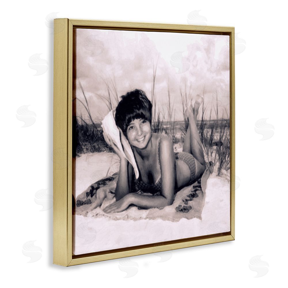 Grotto Studios Vintage Summer Girl with Conch Gold Floating Frame Canvas Wall Art Print