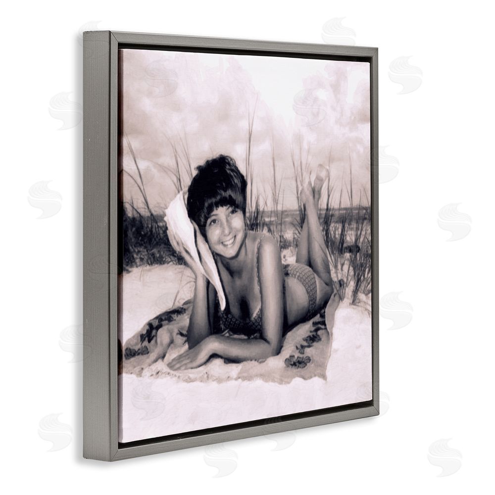 Grotto Studios Vintage Summer Girl with Conch Gray Floating Frame Canvas Wall Art Print