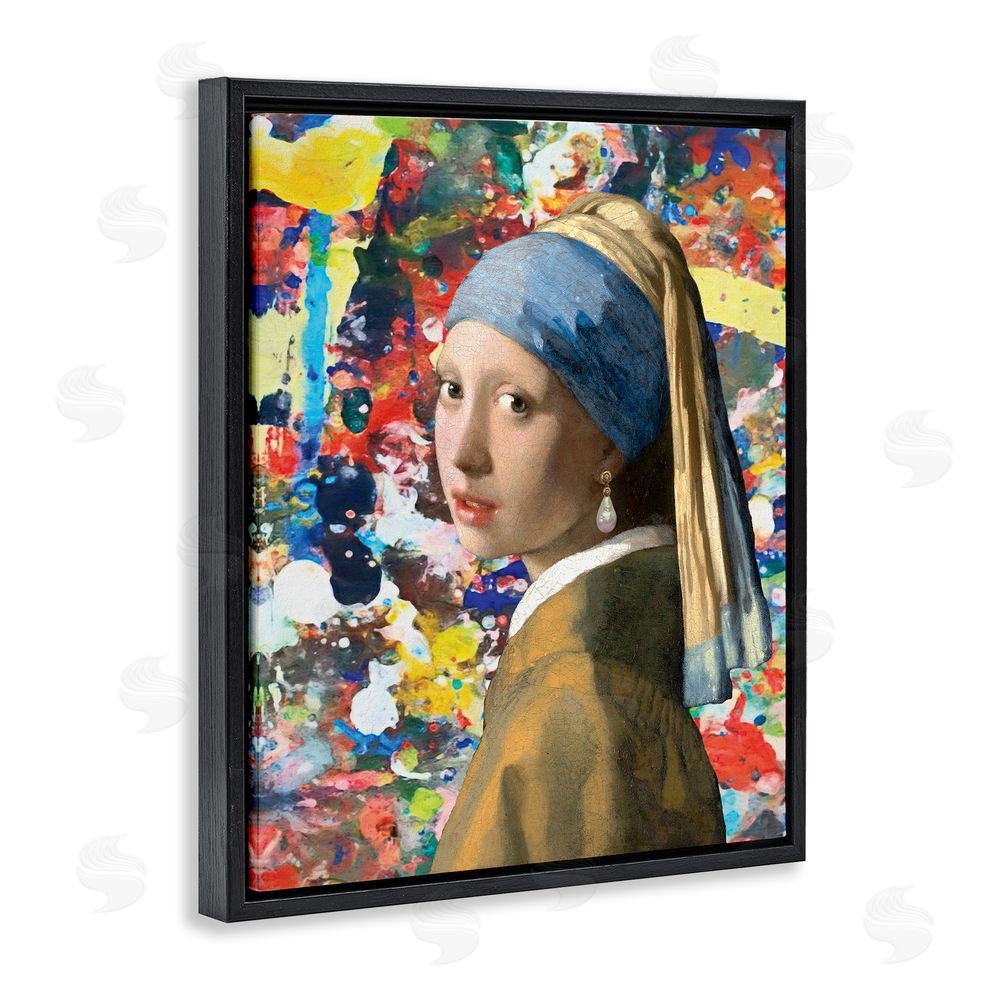 Grotto Studios Modern Splatter Iconic Pearl Earring Black Floating Frame Canvas Wall Art Print