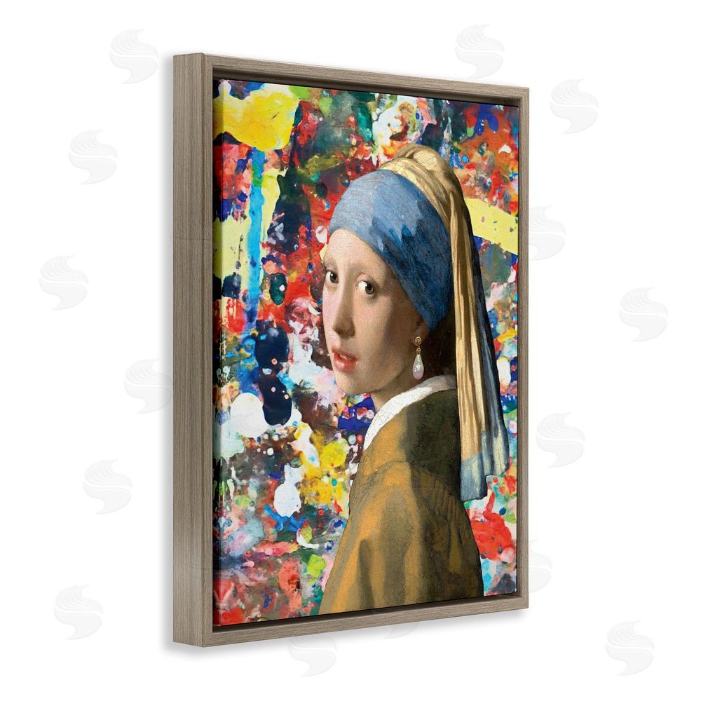 Grotto Studios Modern Splatter Iconic Pearl Earring Brown Floating Frame Canvas Wall Art Print