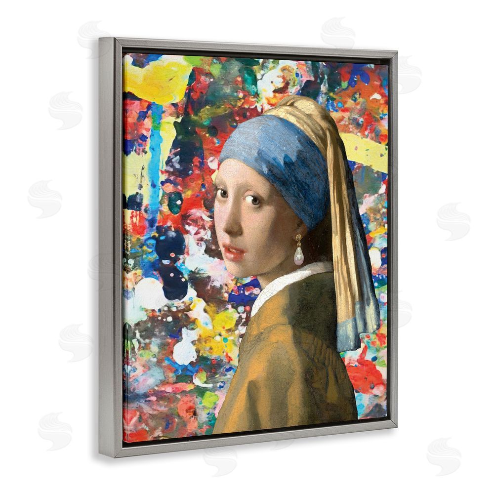 Grotto Studios Modern Splatter Iconic Pearl Earring Gray Floating Frame Canvas Wall Art Print