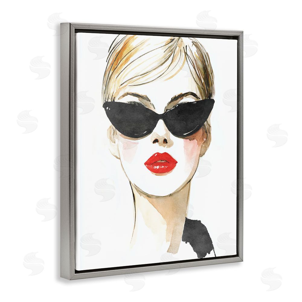 Svetlana Aleynikova Chic Portrait with Crimson Lips Gray Floating Frame Canvas Wall Art Print