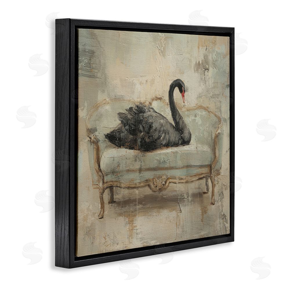 Svetlana Aleynikova Black Swan on Vintage Sofa Black Floating Frame Canvas Wall Art Print