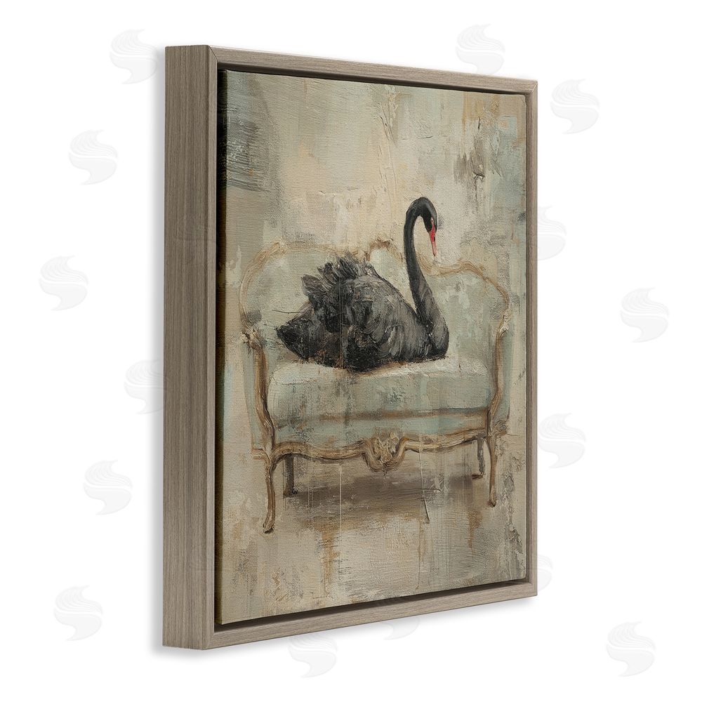 Svetlana Aleynikova Black Swan on Vintage Sofa Brown Floating Frame Canvas Wall Art Print