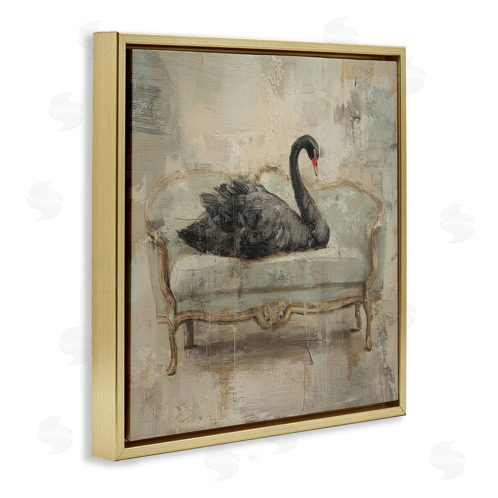 Svetlana Aleynikova Black Swan on Vintage Sofa Gold Floating Frame Canvas Wall Art Print