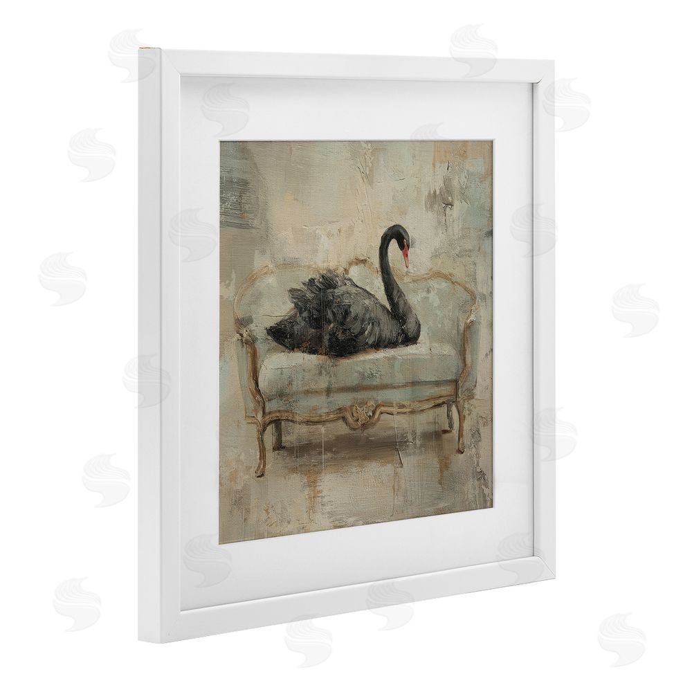 Svetlana Aleynikova Black Swan on Vintage Sofa White Framed Print Under Glass Wall Art