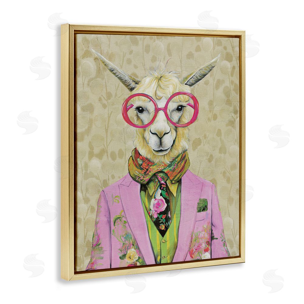 Svetlana Aleynikova Stylish Llama with Glasses Gold Floating Frame Canvas Wall Art Print