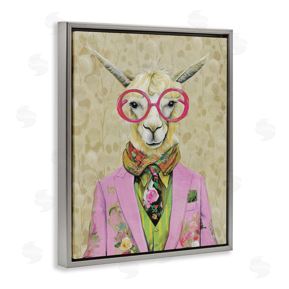 Svetlana Aleynikova Stylish Llama with Glasses Gray Floating Frame Canvas Wall Art Print