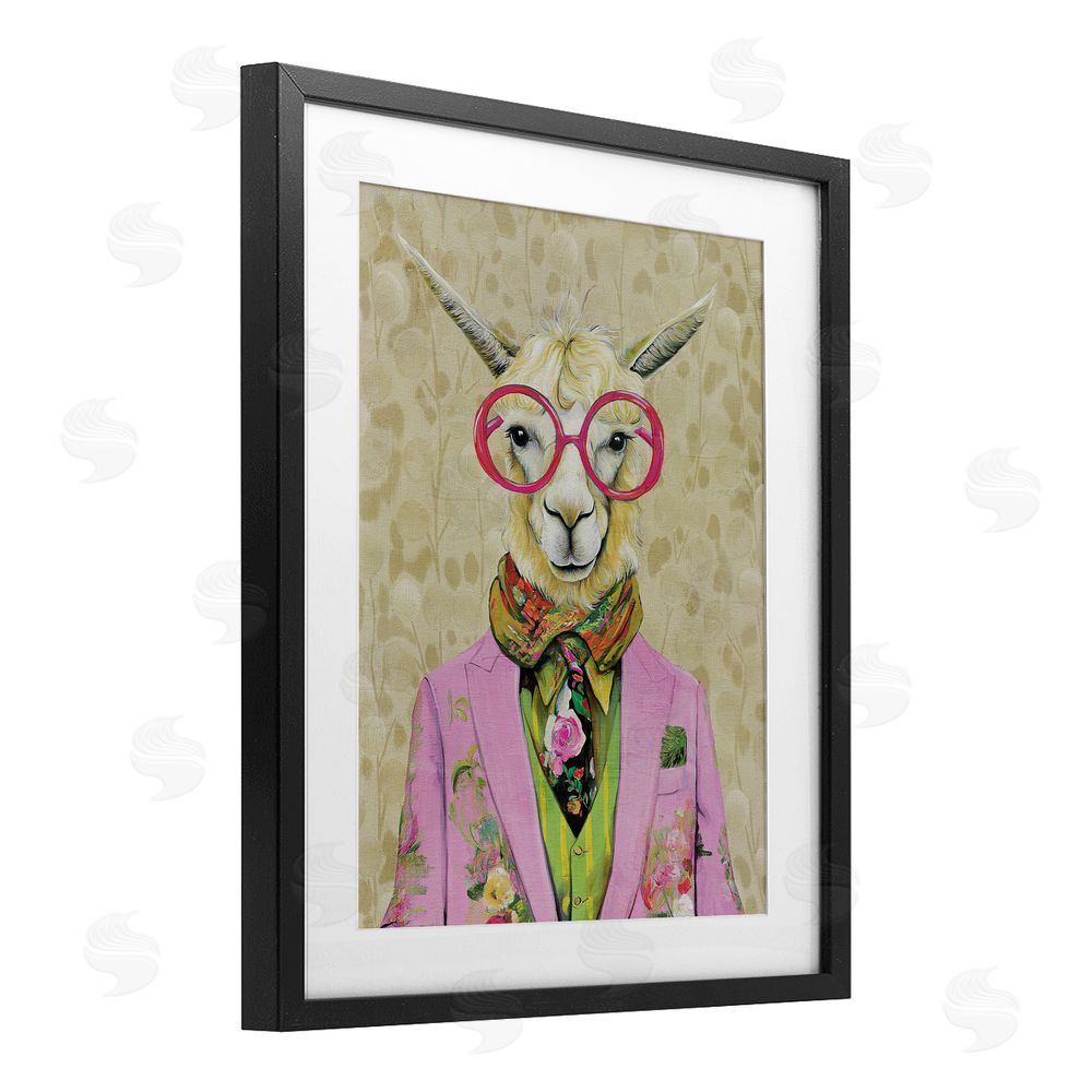 Svetlana Aleynikova Stylish Llama with Glasses Black Framed Print Under Glass Wall Art