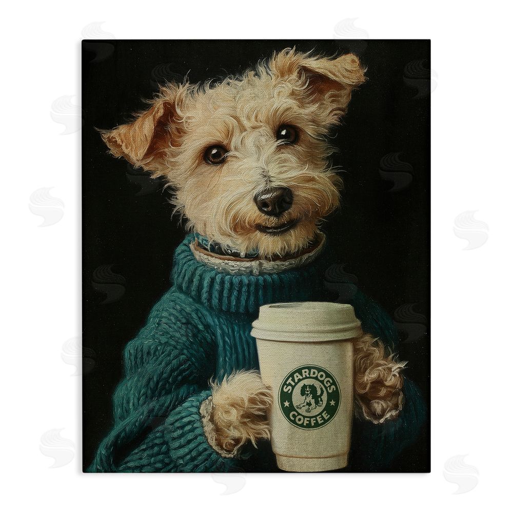 Svetlana Aleynikova Barkuccino Dog with Coffee Cup Stretched Canvas Wall Art Print