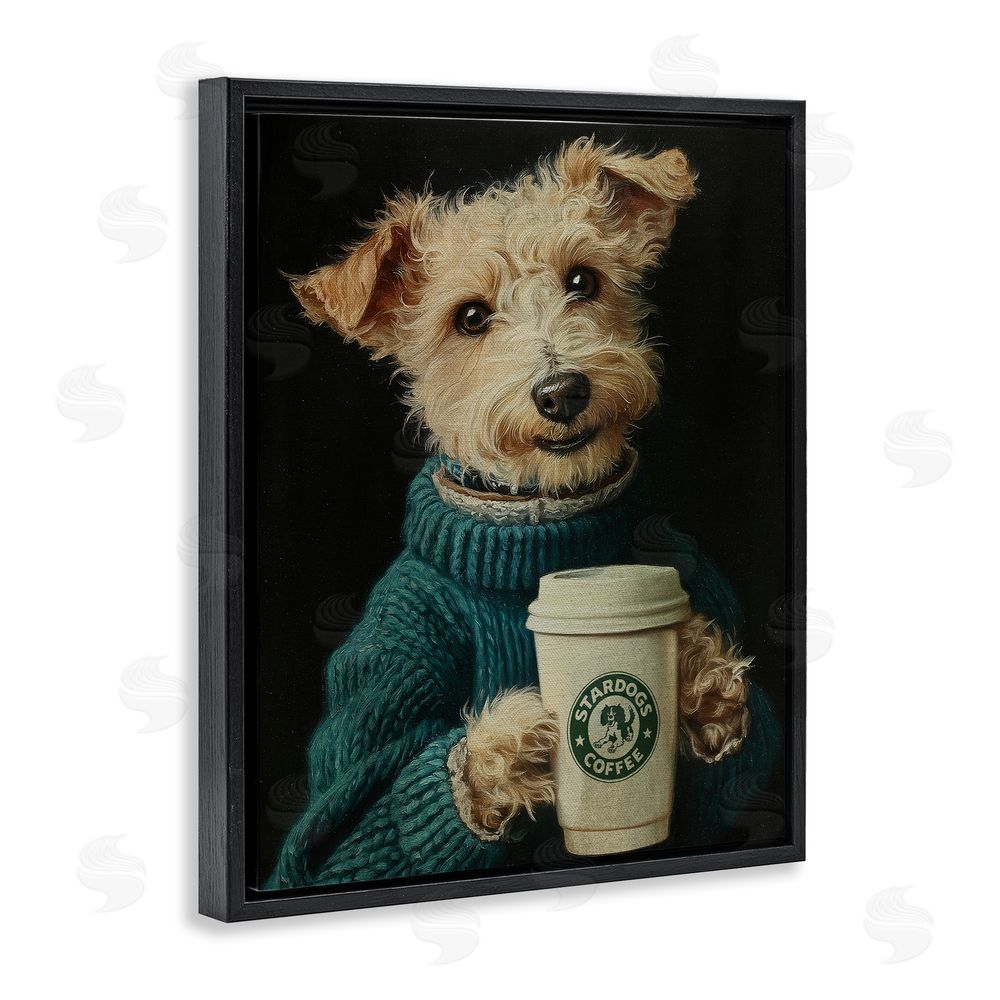 Svetlana Aleynikova Barkuccino Dog with Coffee Cup Black Floating Frame Canvas Wall Art Print