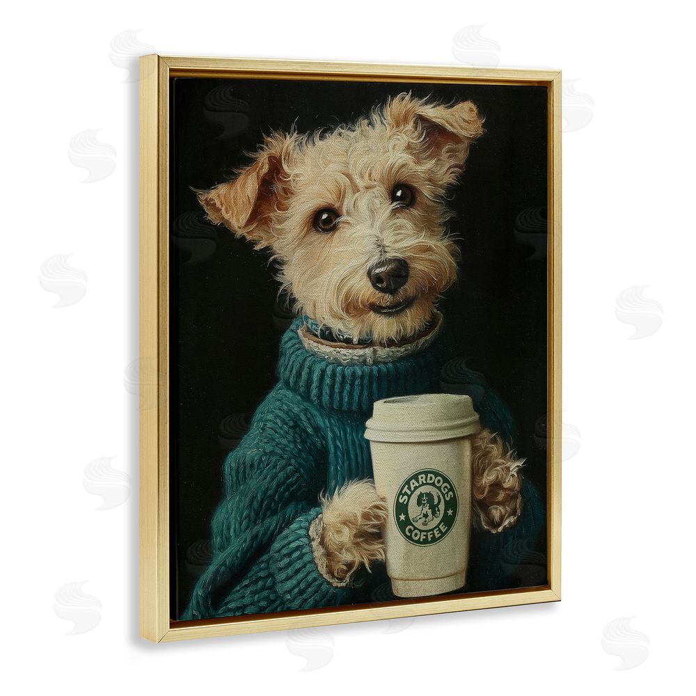Svetlana Aleynikova Barkuccino Dog with Coffee Cup Gold Floating Frame Canvas Wall Art Print
