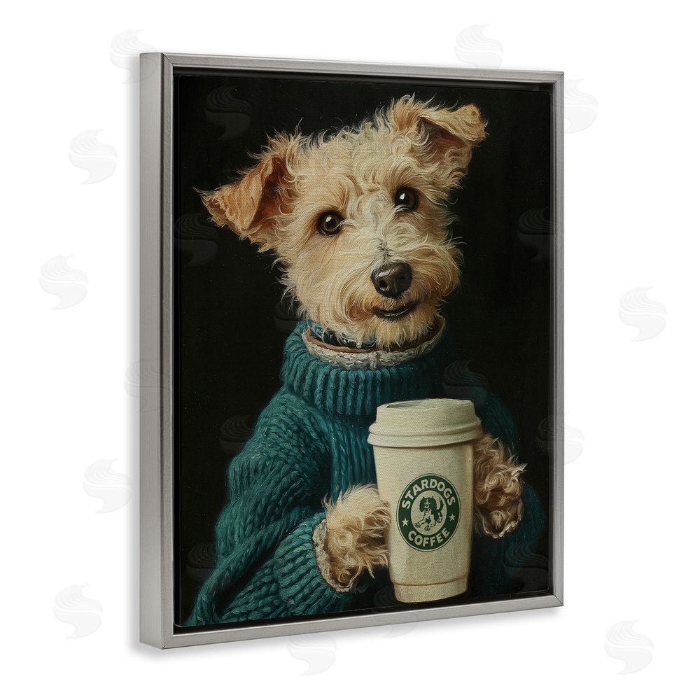 Svetlana Aleynikova Barkuccino Dog with Coffee Cup Gray Floating Frame Canvas Wall Art Print