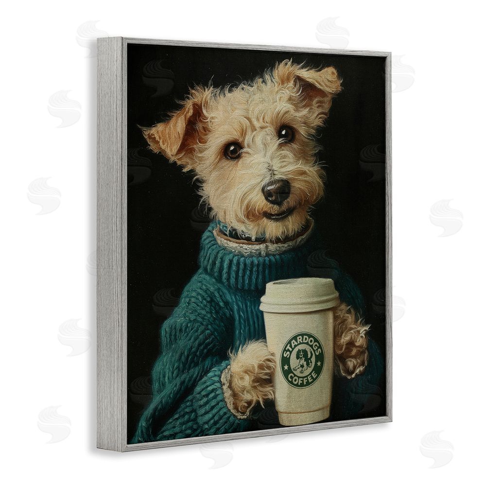 Svetlana Aleynikova Barkuccino Dog with Coffee Cup Gray Framed Giclee Wall Art Print