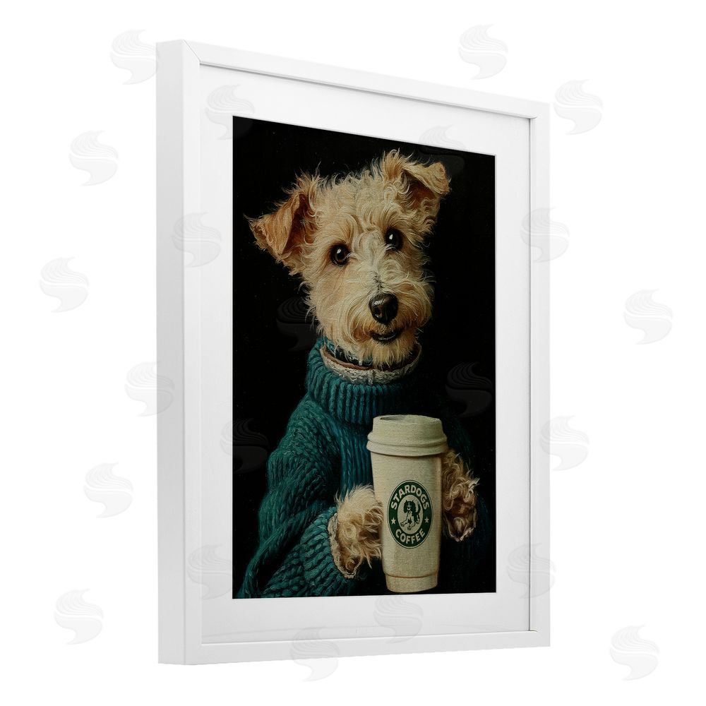 Svetlana Aleynikova Barkuccino Dog with Coffee Cup White Framed Print Under Glass Wall Art