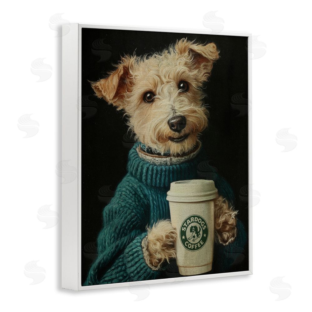 Svetlana Aleynikova Barkuccino Dog with Coffee Cup White Framed Giclee Wall Art Print