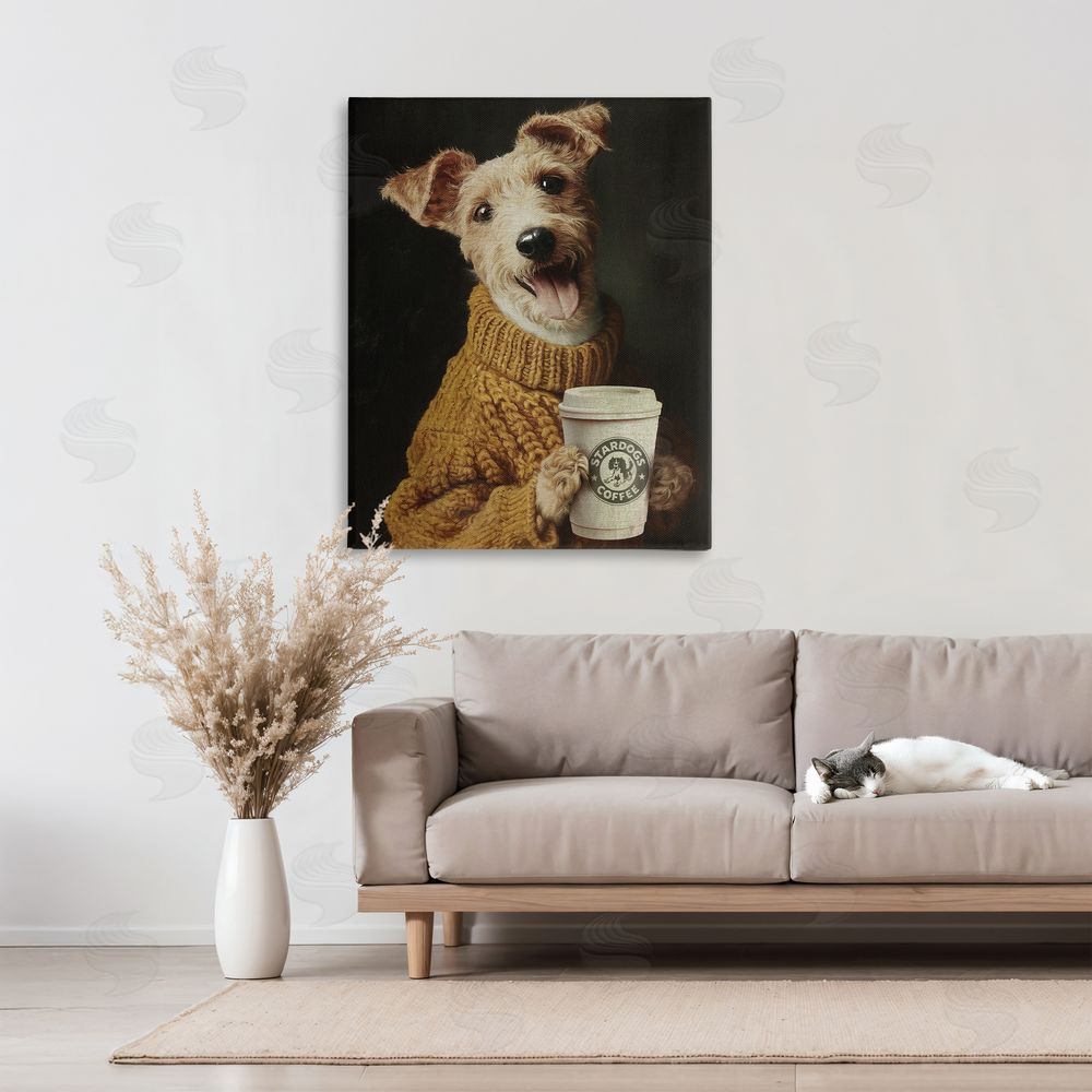 Svetlana Aleynikova Latte Lover Dog in Sweater Stretched Canvas Wall Art in Room