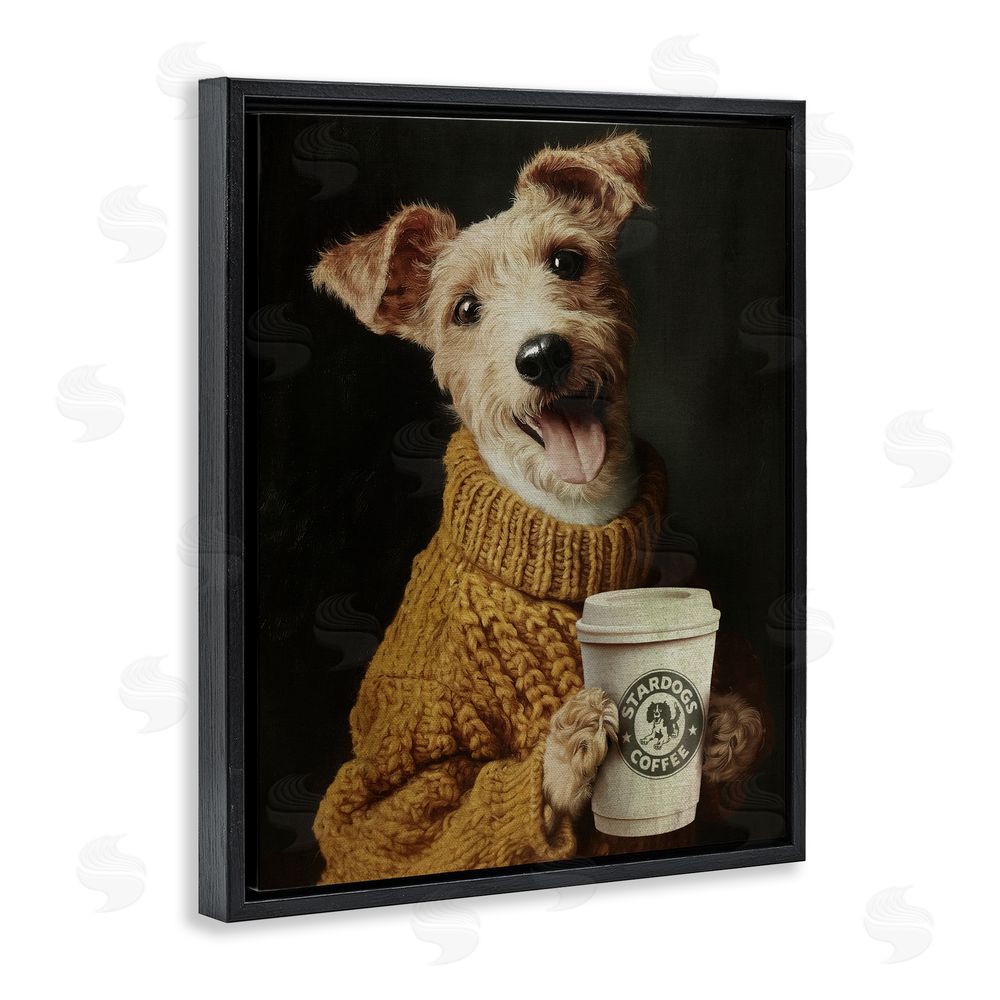 Svetlana Aleynikova Latte Lover Dog in Sweater Black Floating Framed Canvas Wall Art