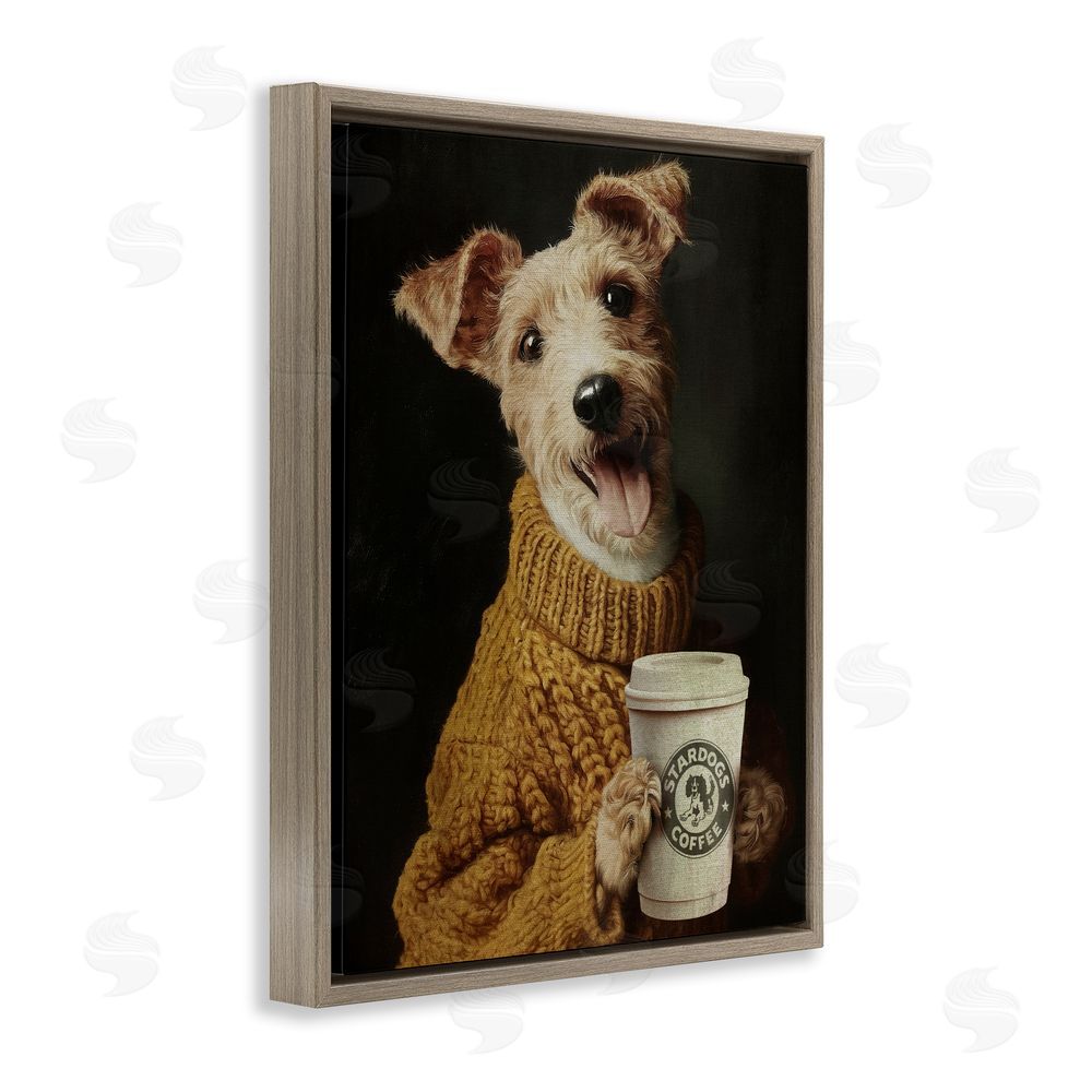 Svetlana Aleynikova Latte Lover Dog in Sweater Brown Floating Framed Canvas Wall Art