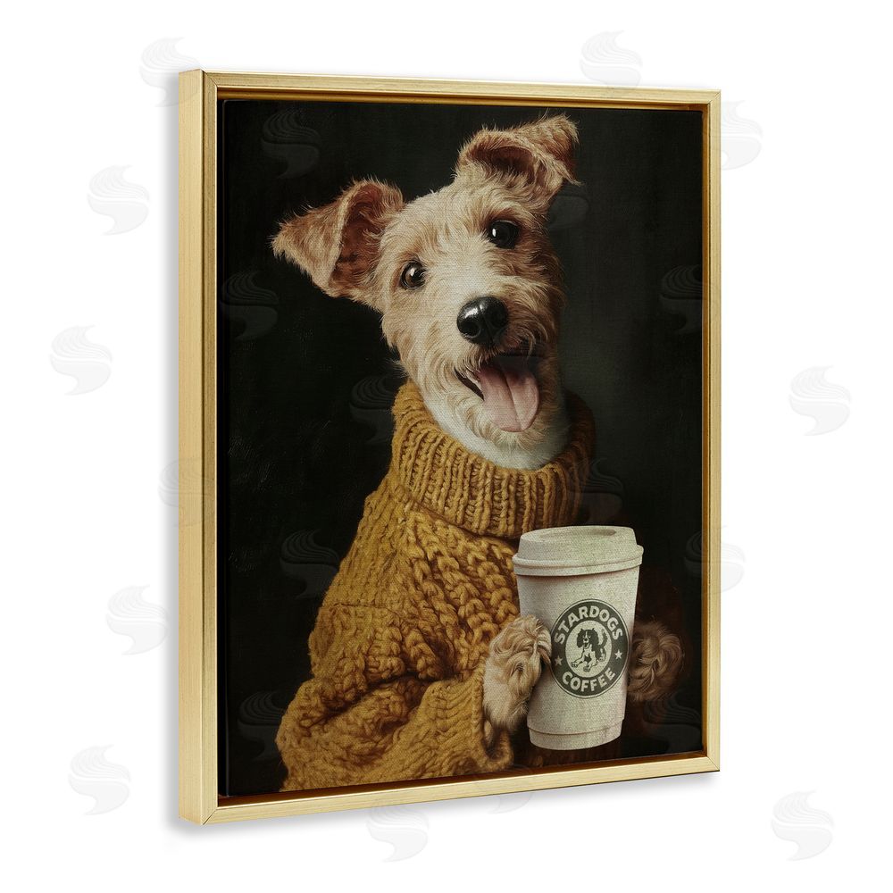 Svetlana Aleynikova Latte Lover Dog in Sweater Gold Floating Framed Canvas Wall Art