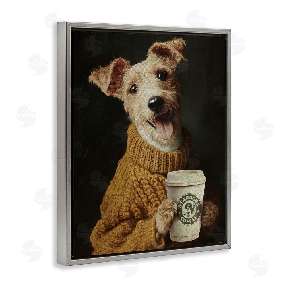 Svetlana Aleynikova Latte Lover Dog in Sweater Gray Floating Framed Canvas Wall Art