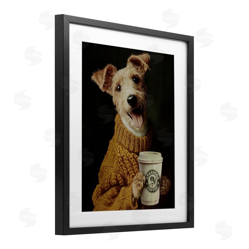 Svetlana Aleynikova Latte Lover Dog in Sweater Black Framed Print Under Glass Wall Art