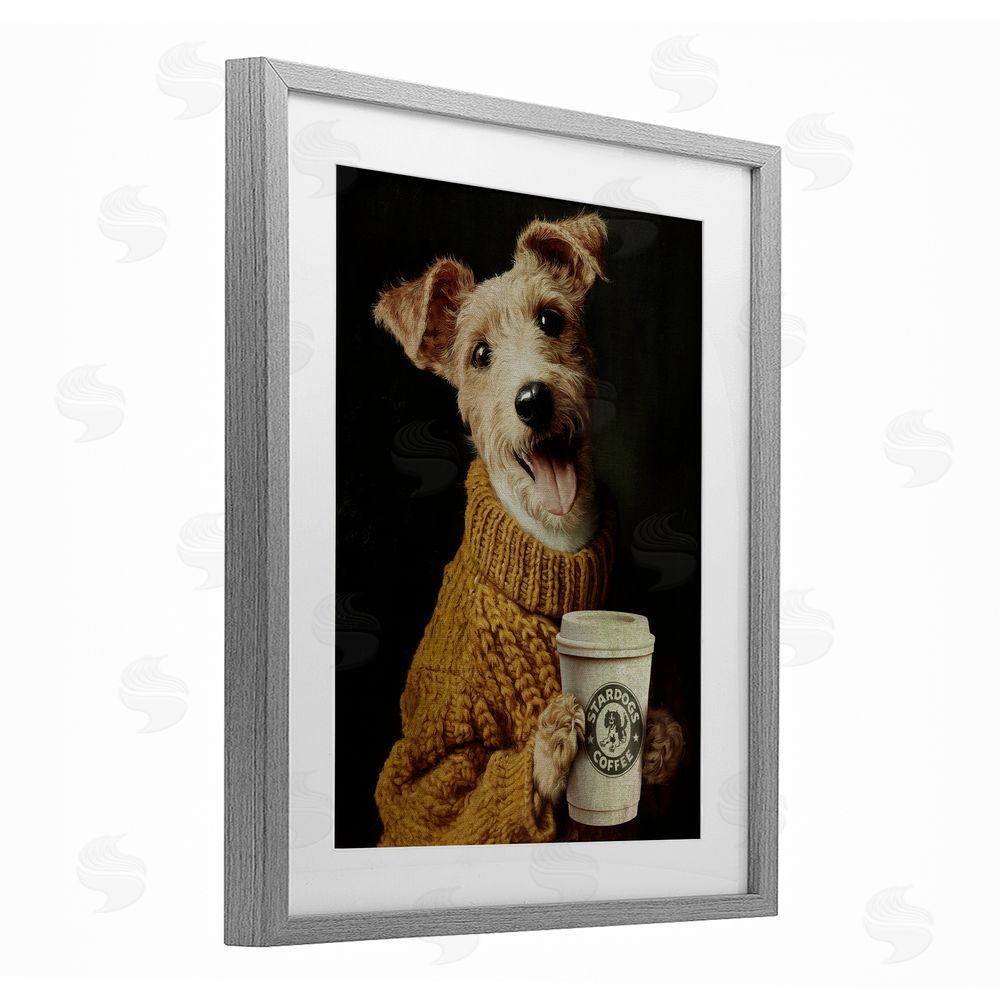 Svetlana Aleynikova Latte Lover Dog in Sweater Gray Framed Print Under Glass Wall Art