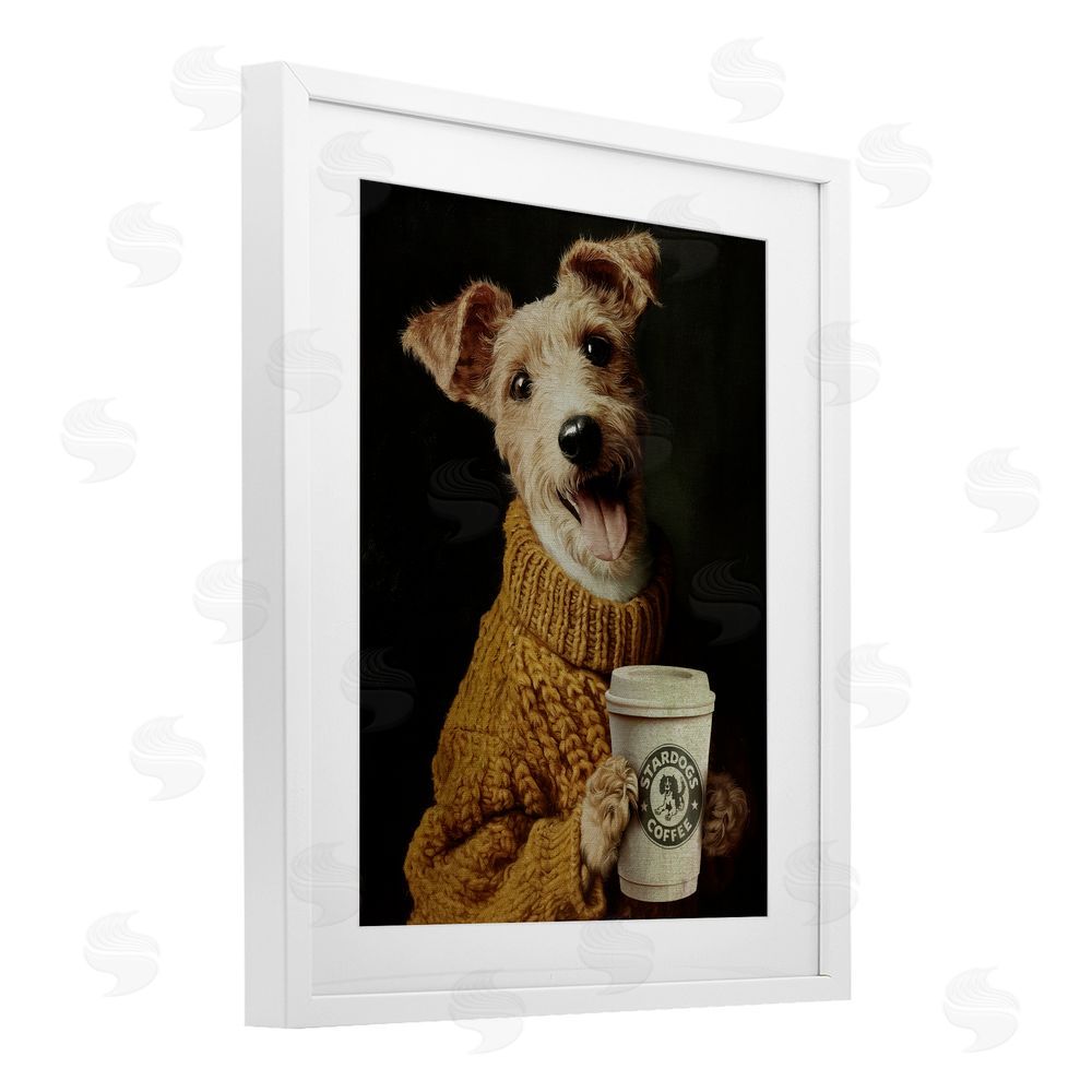 Svetlana Aleynikova Latte Lover Dog in Sweater White Framed Print Under Glass Wall Art