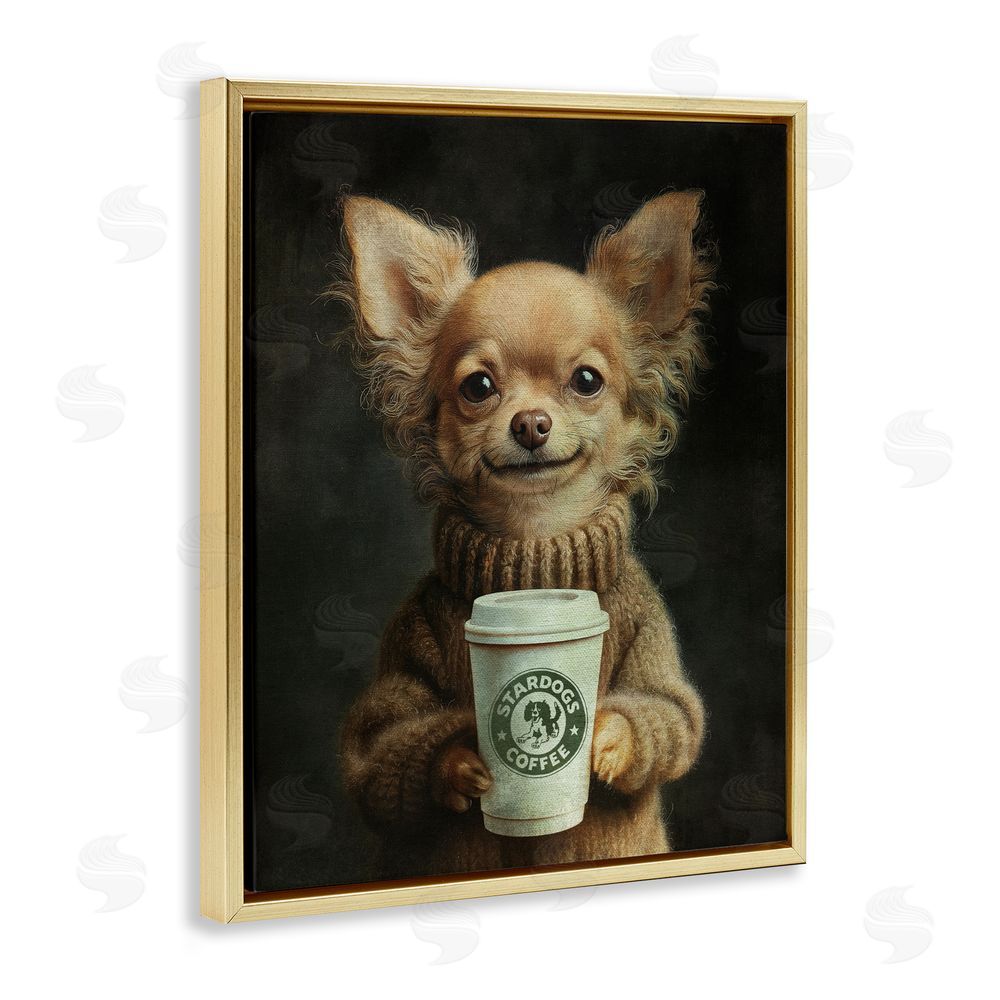 Svetlana Aleynikova Espresso Pup in Cozy Sweater Gold Floating Framed Canvas Wall Art