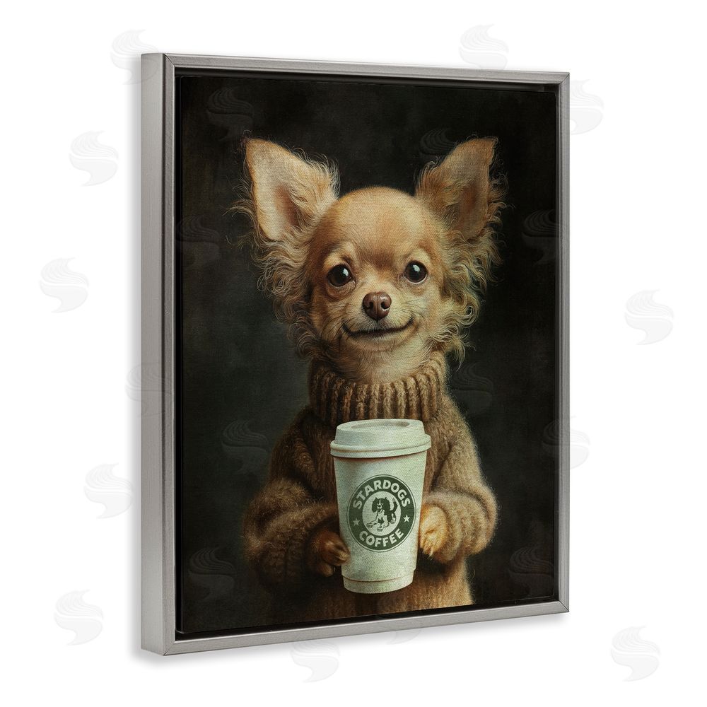 Svetlana Aleynikova Espresso Pup in Cozy Sweater Gray Floating Framed Canvas Wall Art