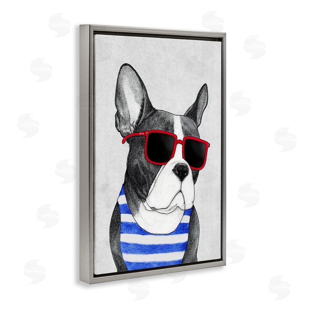 Barruff Frenchie Summer Style Gray Floating Frame Canvas Wall Art Print