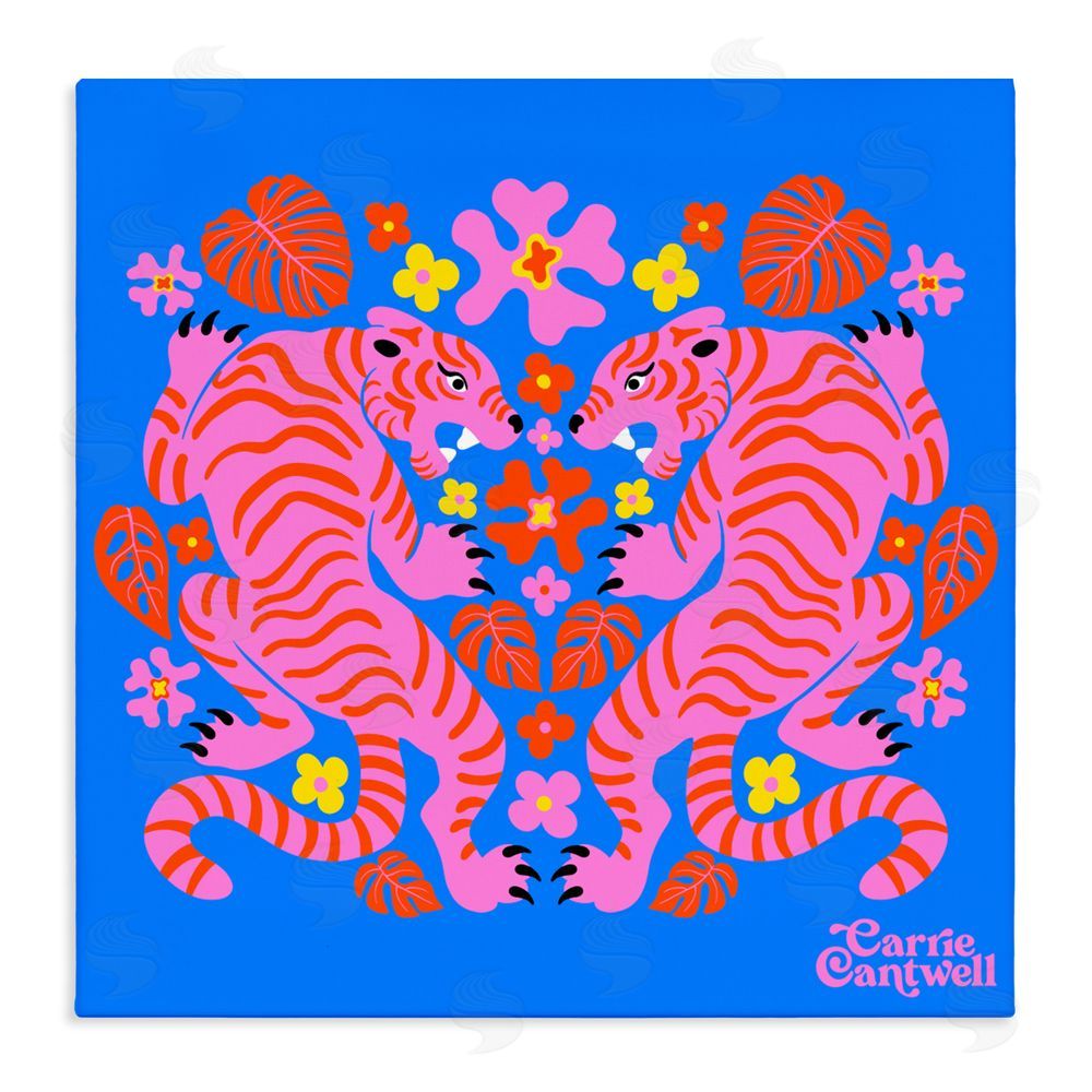Carrie Cantwell Pink Tigers and Monstera Stretched Canvas Wall Art Print
