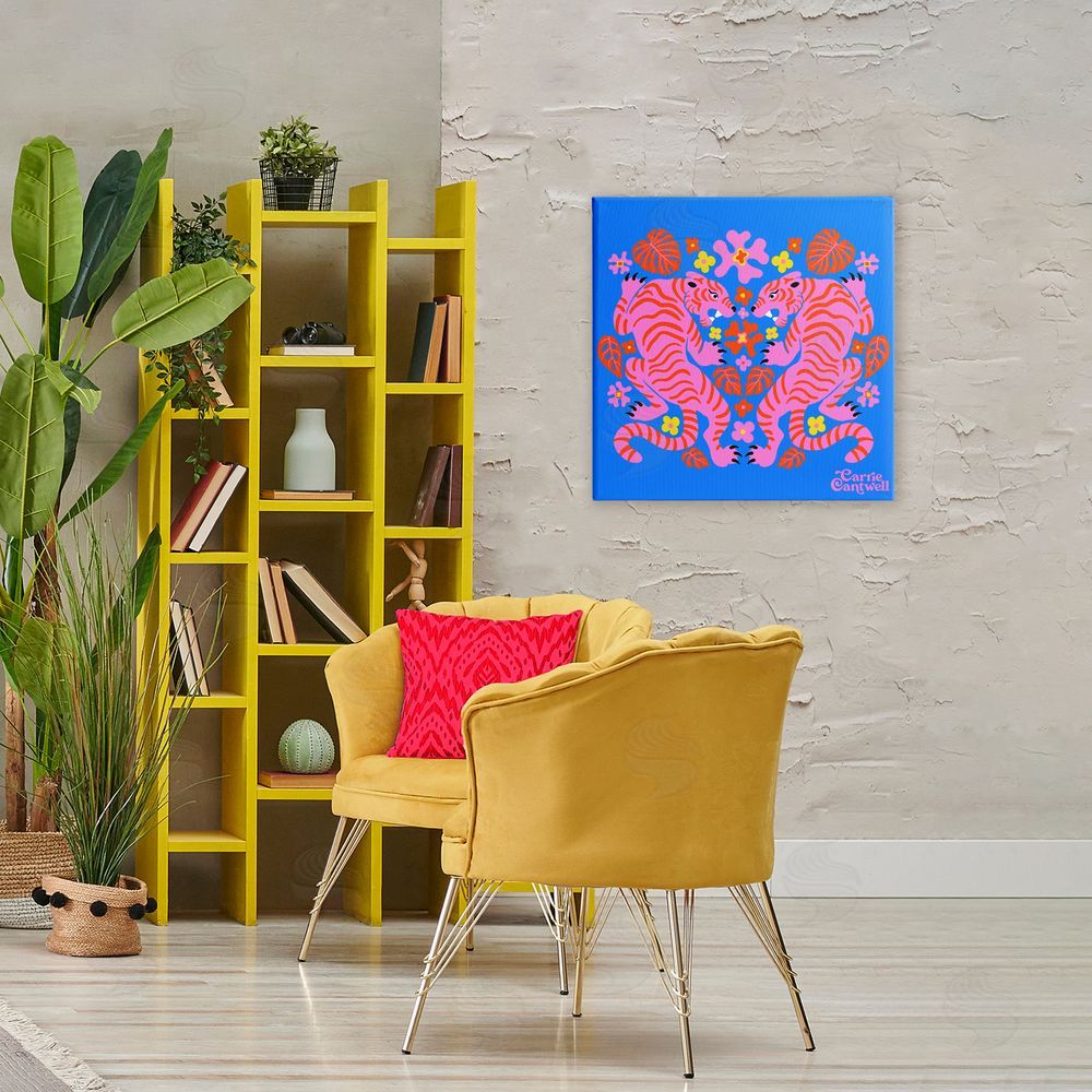 Carrie Cantwell Pink Tigers and Monstera Stretched Canvas Wall Art Print in Room