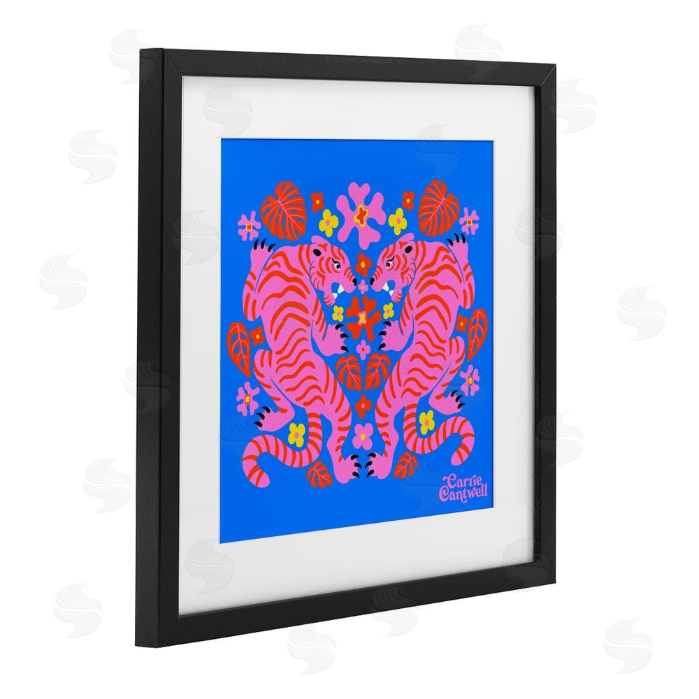 Carrie Cantwell Pink Tigers and Monstera Black Framed Print Under Glass Wall Art