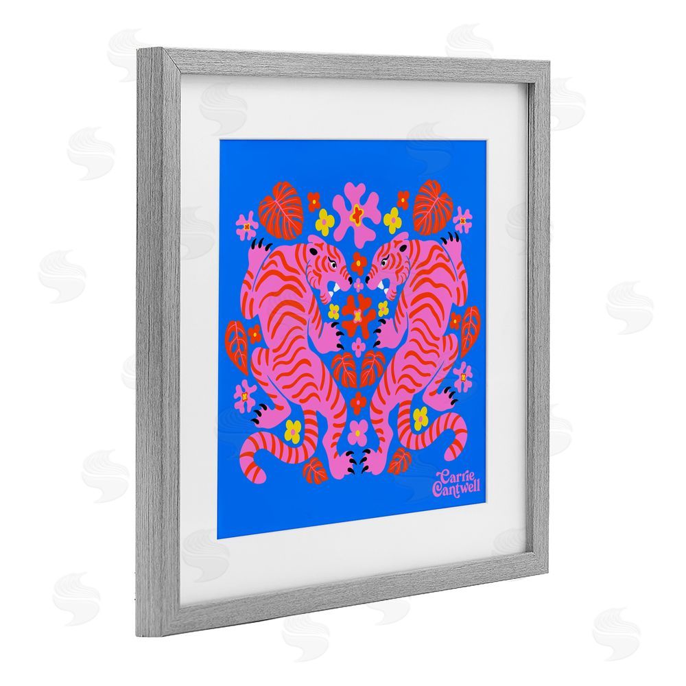 Carrie Cantwell Pink Tigers and Monstera Gray Framed Print Under Glass Wall Art