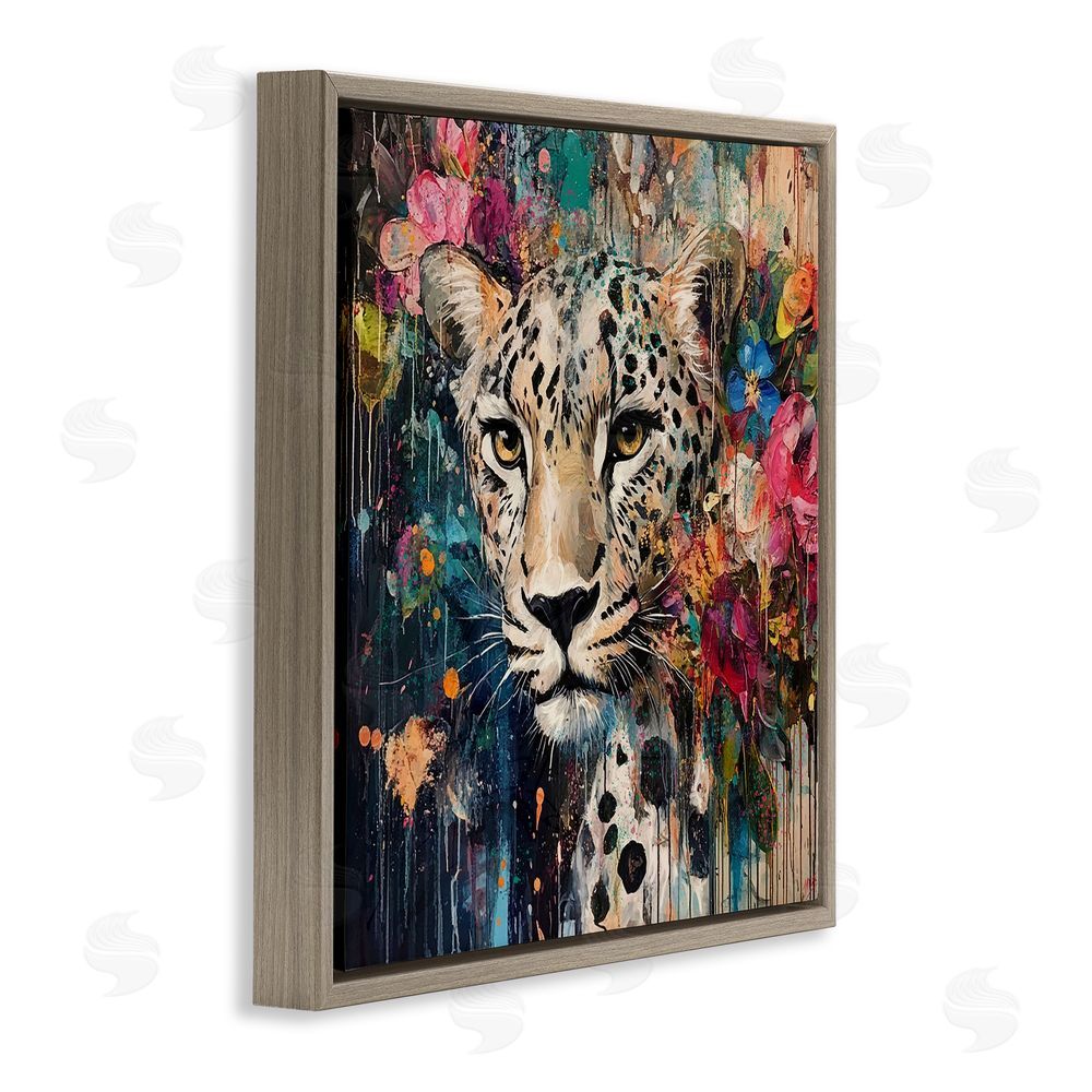 Marta Wiley Cheetah & Exotic Blooms Brown Floating Frame Canvas Wall Art Print