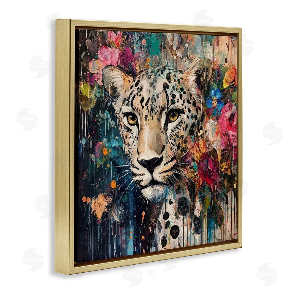 Marta Wiley Cheetah & Exotic Blooms Gold Floating Frame Canvas Wall Art Print