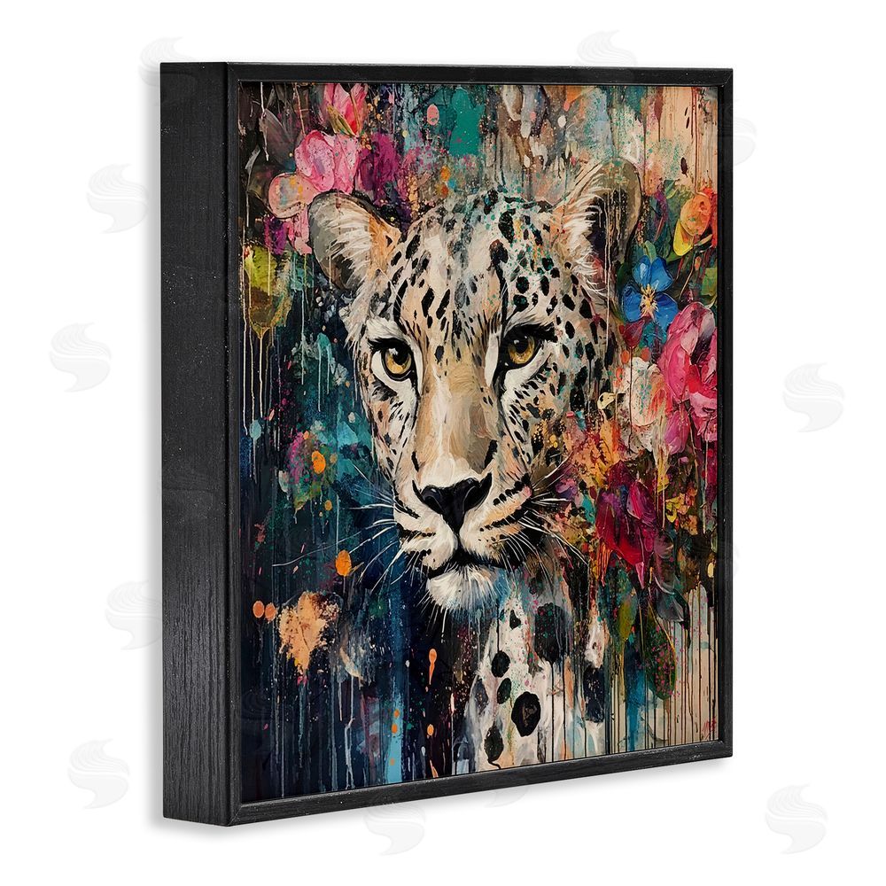 Marta Wiley Cheetah & Exotic Blooms Black Framed Giclee Wall Art Print