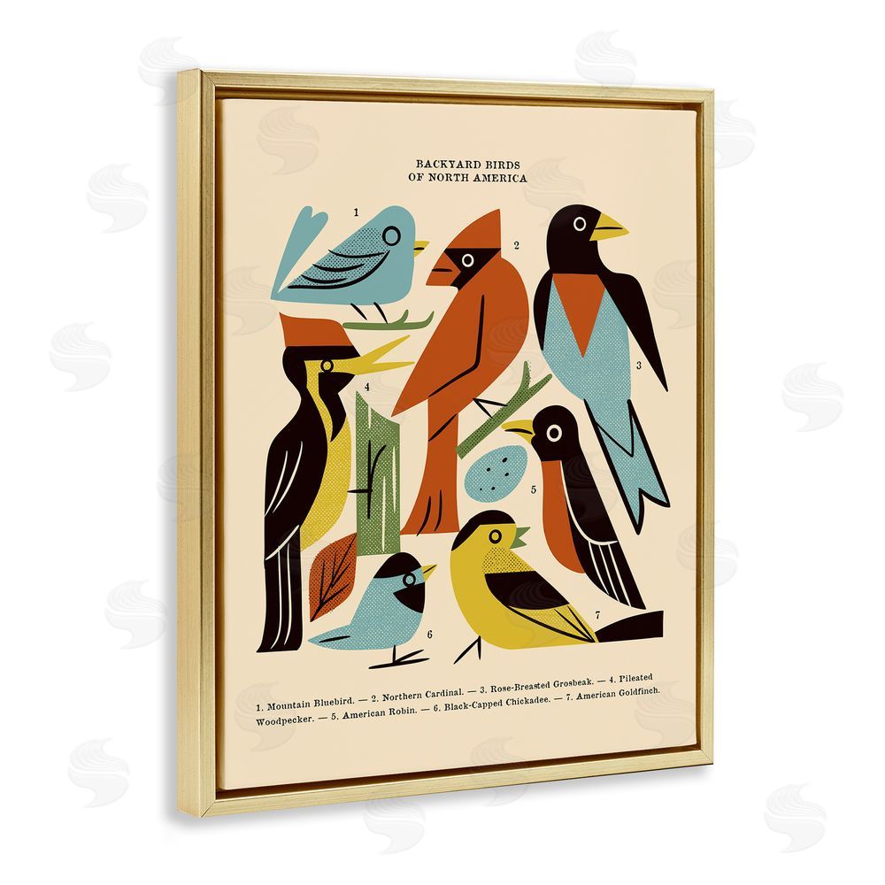 Renea L. Thull Backyard Birds Midcentury Modern Gold Floating Frame Canvas Wall Art Print