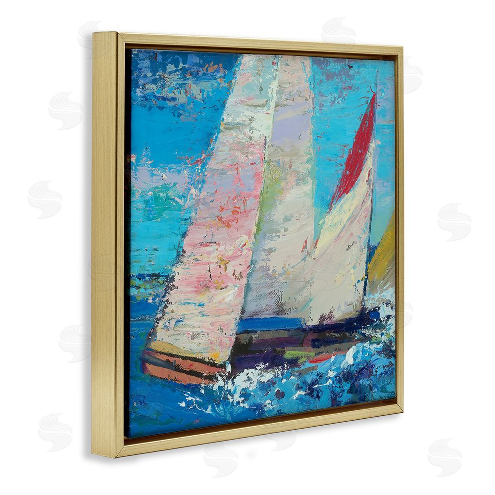 Beth A. Forst Expressive Sailboats on Waves Gold Floating Frame Canvas Wall Art Print