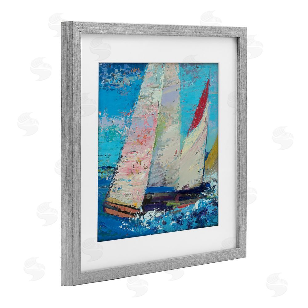 Beth A. Forst Expressive Sailboats on Waves Gray Framed Print Under Glass Wall Art