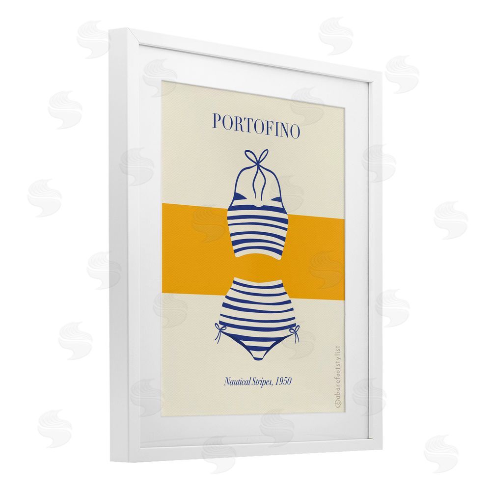 A Barefoot Stylist Portofino Striped Bikini White Framed Print Under Glass Wall Art