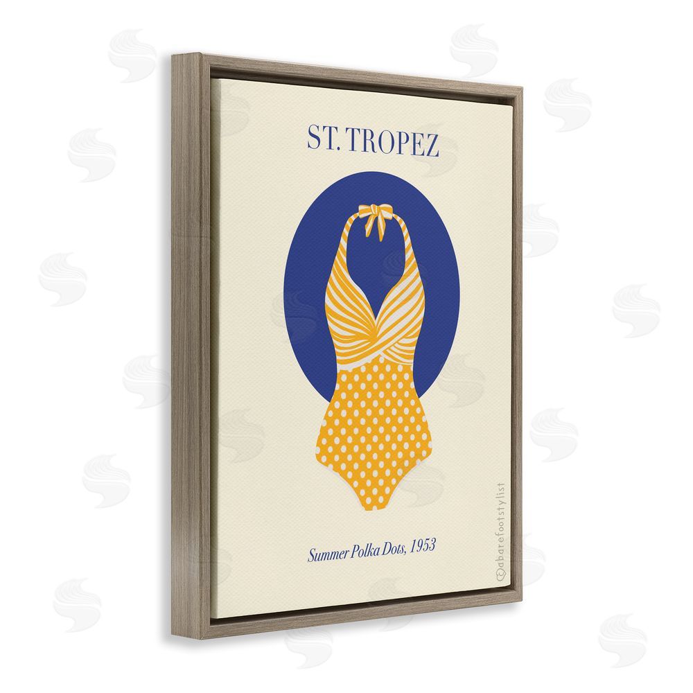 A Barefoot Stylist St. Tropez Dotted Swimsuit Brown Floating Frame Canvas Wall Art Print