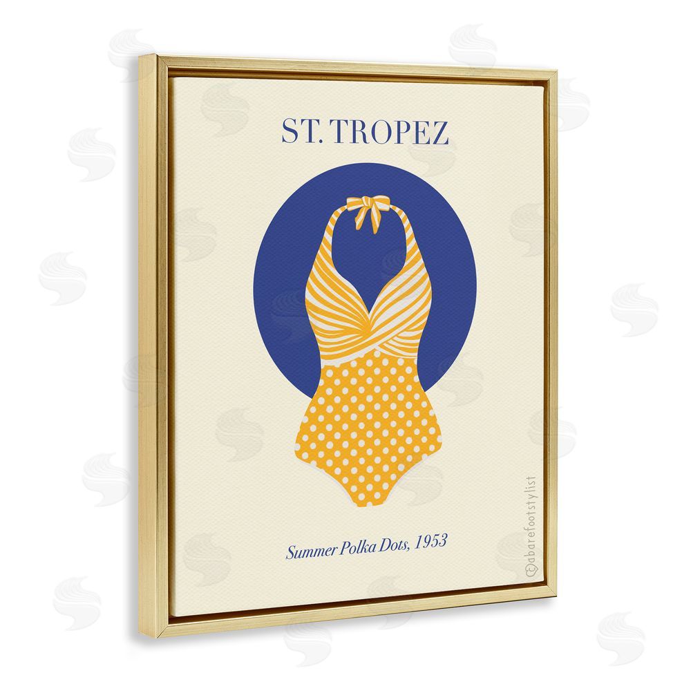 A Barefoot Stylist St. Tropez Dotted Swimsuit Gold Floating Frame Canvas Wall Art Print