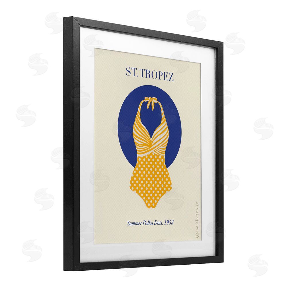 A Barefoot Stylist St. Tropez Dotted Swimsuit Black Framed Print Under Glass Wall Art